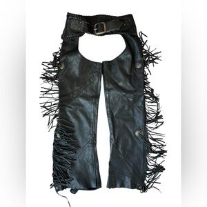 VINTAGE HARLEY DAVIDSON BLACK LEATHER CHAPS W FRINGE MOTORCYCLE WOMENS SMALL